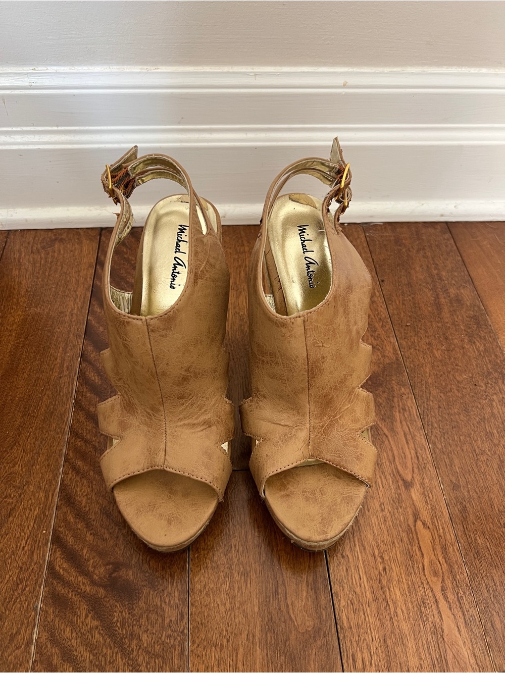 Michael Antonio Tan Open-Toe Slingback Wedge Heels